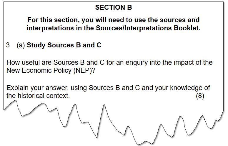 Exam question on the usefulness of Sources B and C for exploring the New Economic Policy's impact, requires analysis and historical context.