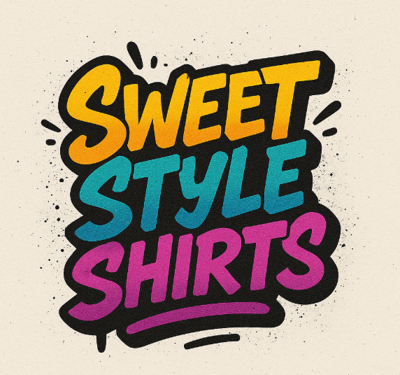 Bold text graphic reads "Sweet Style Shirts" in yellow, blue, and pink with black outlines, accompanied by decorative splashes on a beige background.