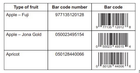 Table listing types of fruit with corresponding bar code numbers and images: Apple Fuji, Apple Jona Gold, and Apricot with numeric bar codes.