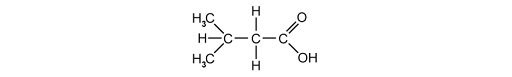 Chemical structure of butanoic acid showing a chain of four carbon atoms; with hydrogen and an OH group attached.