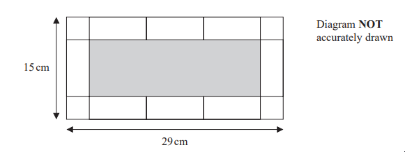 Rectangle diagram with a grey centre, outlined by smaller rectangles, measuring 15 cm by 29 cm. Text notes diagram is not accurately drawn.