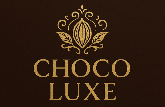 Elegant logo with gold ornate cacao design, "Choco Luxe" in bold letters on a dark brown background, conveying luxury and sophistication.