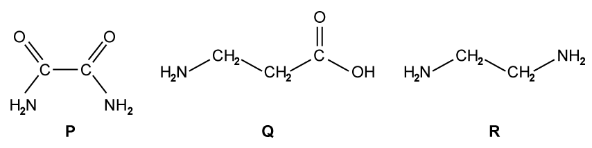 Chemical structures of molecules P, Q, and R; P has two amide groups, Q is amino acid glycine, R is 1,3-diaminopropane, with carbon, nitrogen, oxygen atoms.