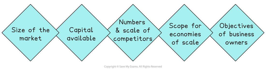 Five diamond-shaped blue boxes list factors: market size, capital, scale of competitors, economies of scale, business owners' objectives.