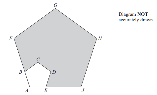 Irregular pentagon GFHJ with inner pentagon BCDEA; note states "Diagram NOT accurately drawn" on the right side.