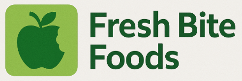 Logo showing a green apple with a bite taken out, next to the text "Fresh Bite Foods" in bold green letters on a light background.