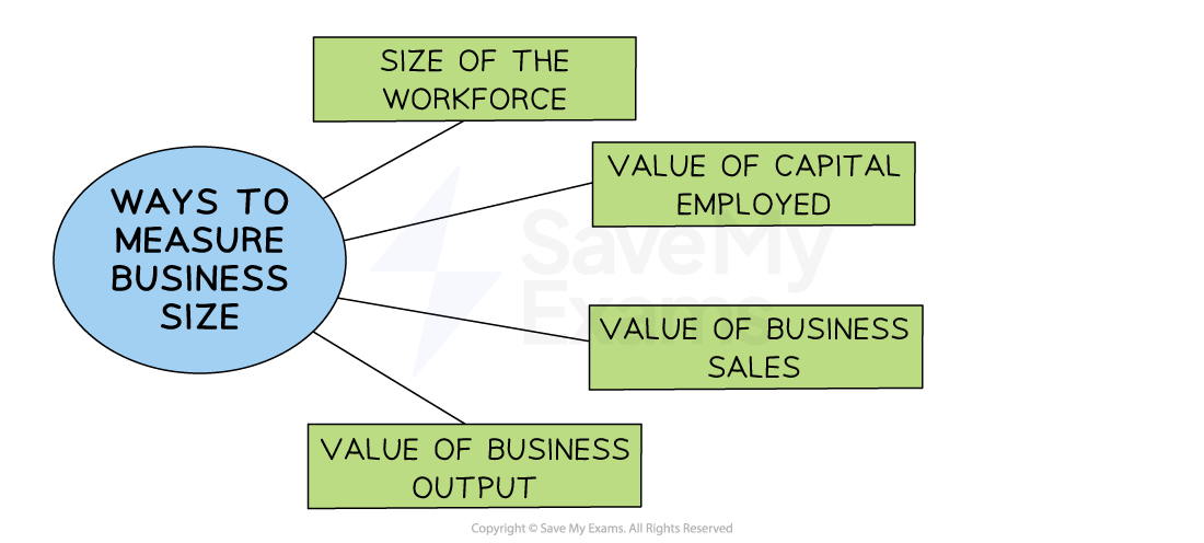 Flowchart showing ways to measure business size: workforce size, capital employed, sales value, and business output value.