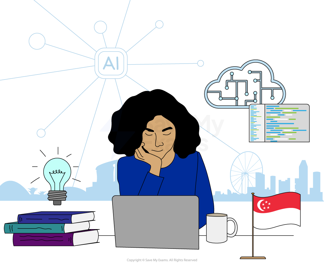 A woman uses a laptop, surrounded by an AI network, cloud diagram, books, a lit bulb, a mug, and a Singapore flag, with a cityscape in the background.