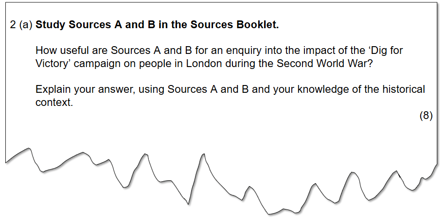 An example 8-mark question asking "How useful are Sources A and B for an enquiry into the impact of the ‘Dig for Victory’ campaign on people in London during the Second World War?
Explain your answer, using Sources A and B and your knowledge of the historical context."