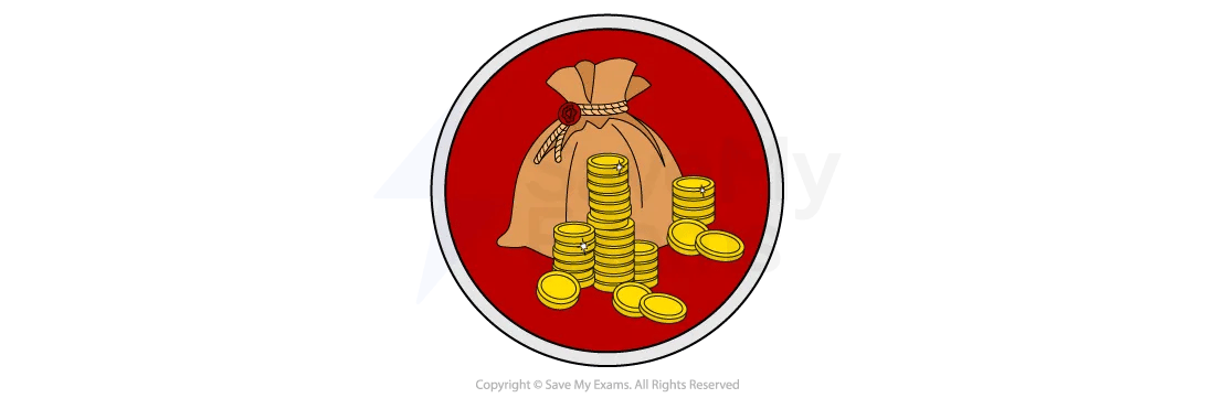 A sack of coins with several stacks of gold coins in front, set against a red circular background with a white border.
