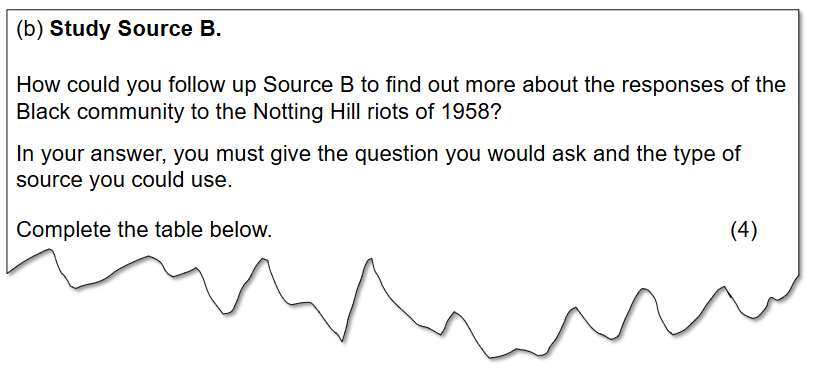 Part of an exam asking to:
Study Source B.

How could you follow up Source B to find out more about the responses of the Black community to the Notting Hill riots of 1958?

In your answer, you must give the question you would ask and the type of source you could use.

Complete the table below.
