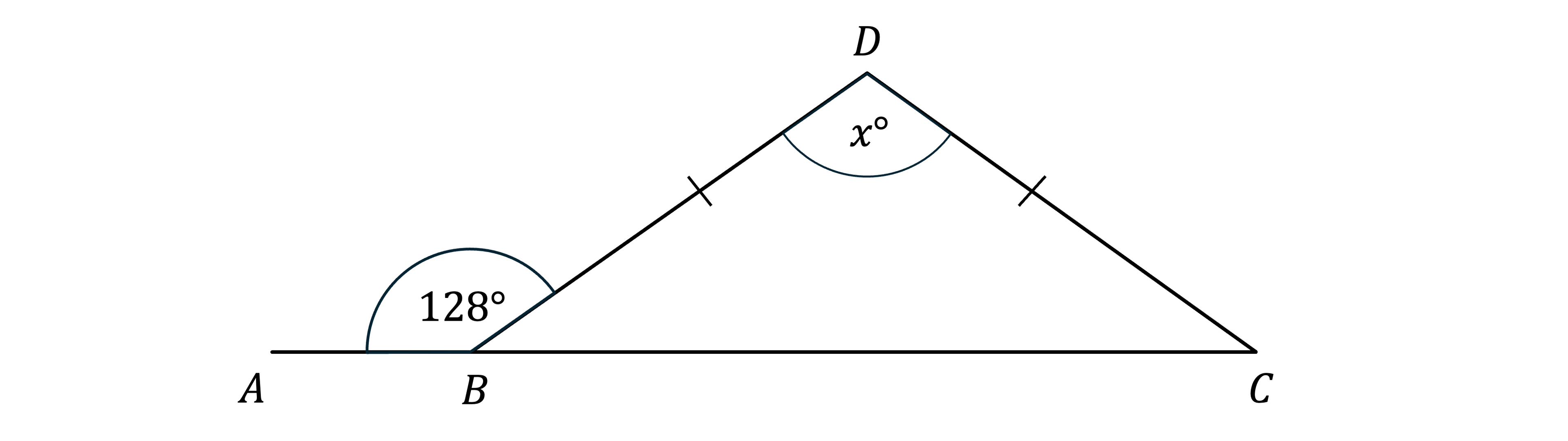 Line segment ABC with angle ABC of 128 degrees. Triangle BDC has equal sides BD and DC. Angle BDC is marked as x degrees.
