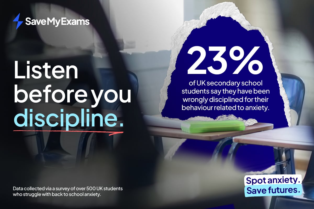 Image highlighting anxiety issues in UK schools, stating that 23% of students face wrong discipline. Text: "Listen before you discipline."