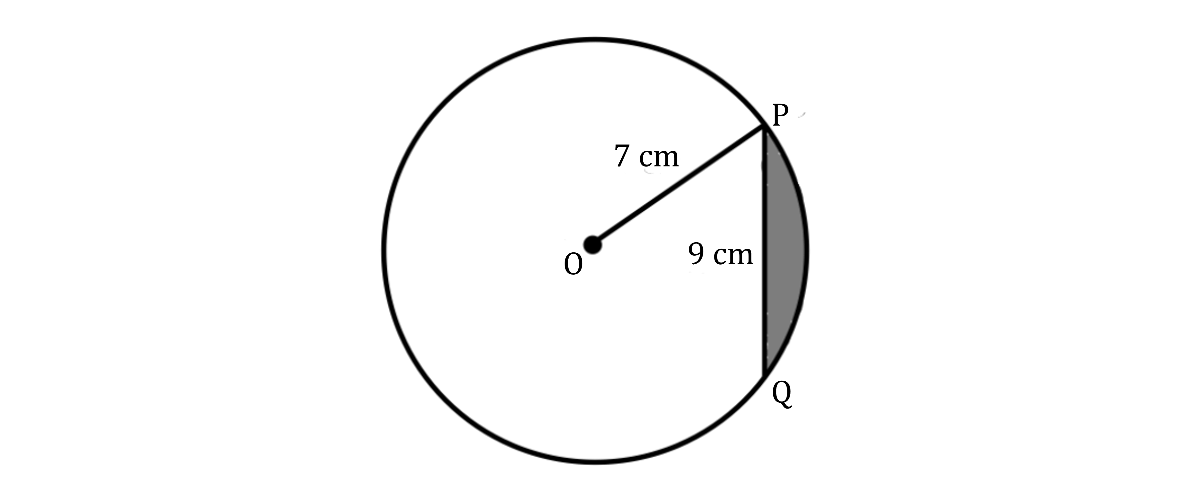 Circle with centre O, radius OP is 7 cm, and chord PQ is 9 cm. The shaded area outside OP represents a segment of the circle.
