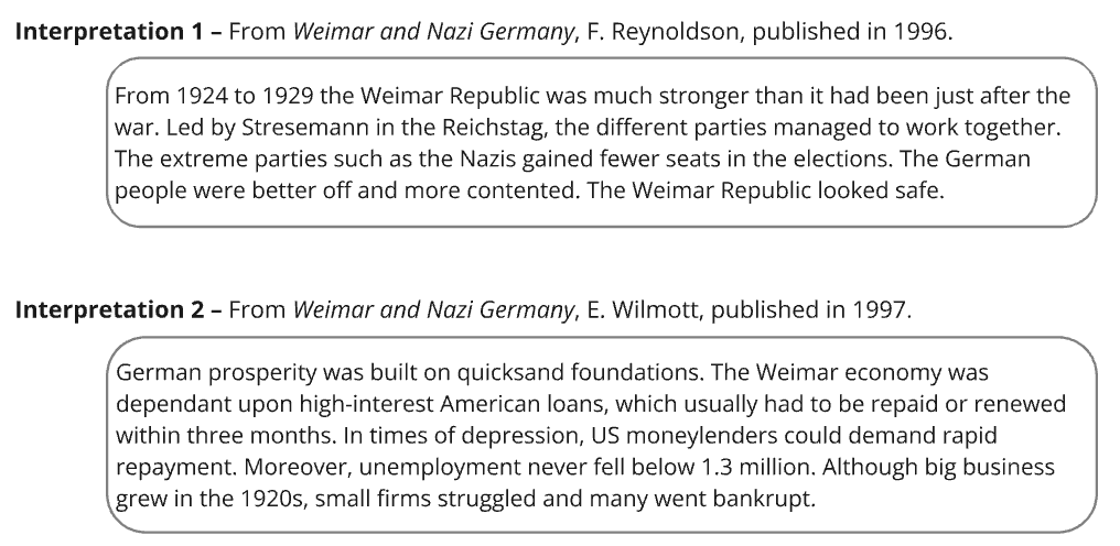 Interpretations of the Weimar Republic recovery. One emphasizes political stability and contentment from 1924-1929; the other focuses on economic fragility and dependence on foreign loans.