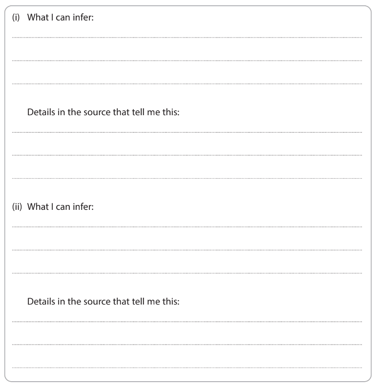 Worksheet with two sections labelled (i) and (ii). Each section has prompts: "What I can infer," and "Details in the source that tell me this".