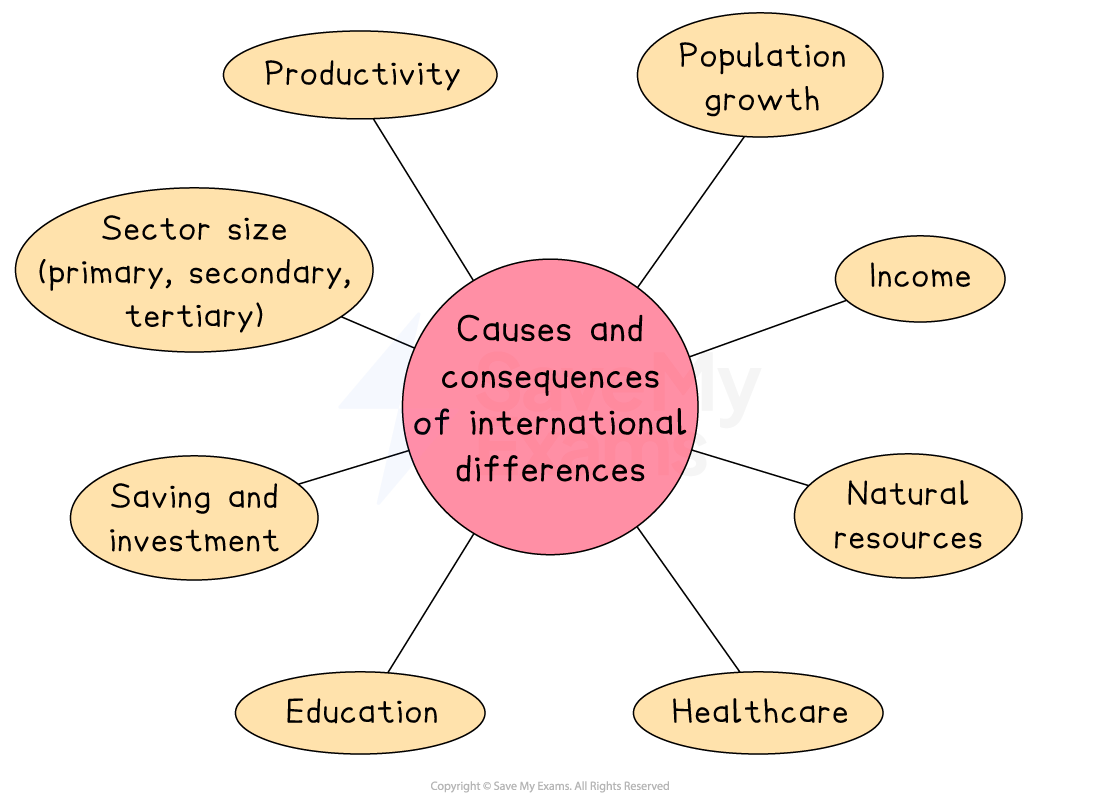 Diagram showing causes and consequences of international differences, including productivity, population growth, income, sector size, and healthcare.