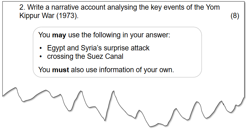 Exam question asks for a narrative analysing key events of the Yom Kippur War, such as Egypt and Syria's surprise attack and crossing the Suez Canal; your own information is also required.