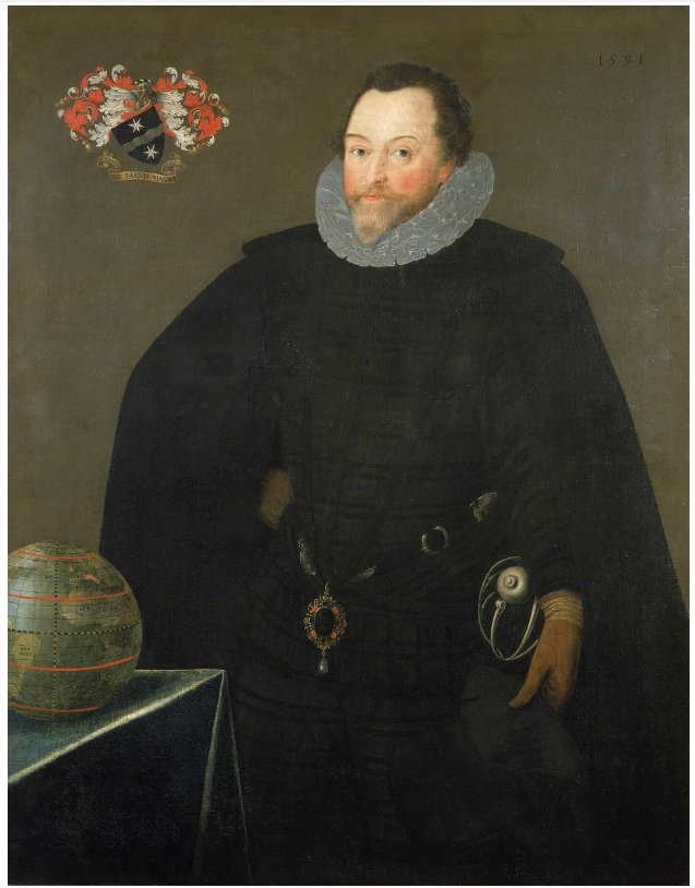 Renaissance portrait of a bearded man in dark attire with a ruff collar, standing by a globe. A family crest is visible in the top left corner.