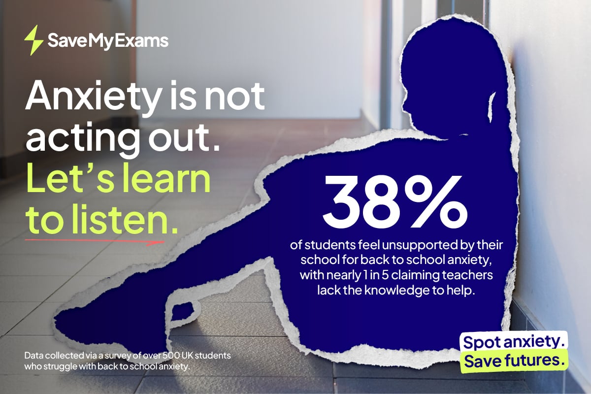 Silhouette of a student in a corridor with text highlighting school anxiety statistics: 38% feel unsupported; message: "Anxiety is not acting out. Let’s learn to listen."