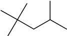 Line drawing of a structural formula representing isooctane, showing a branched hydrocarbon chain with varying angles and intersections.