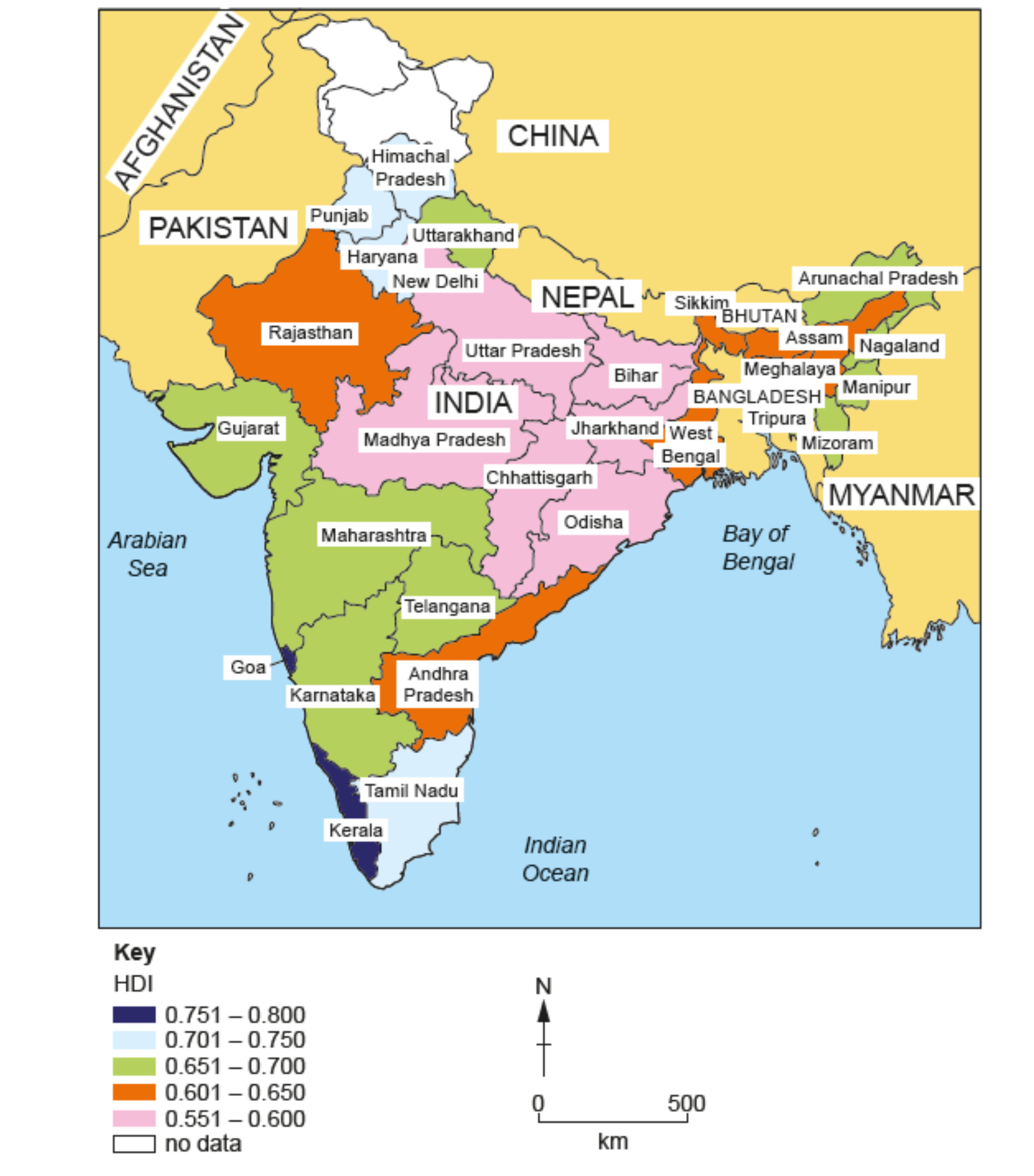 Map of India showing states with Human Development Index (HDI) ranges: 0.751-0.800 (blue), 0.701-0.750 (purple), 0.651-0.700 (green), others in orange, pink.
