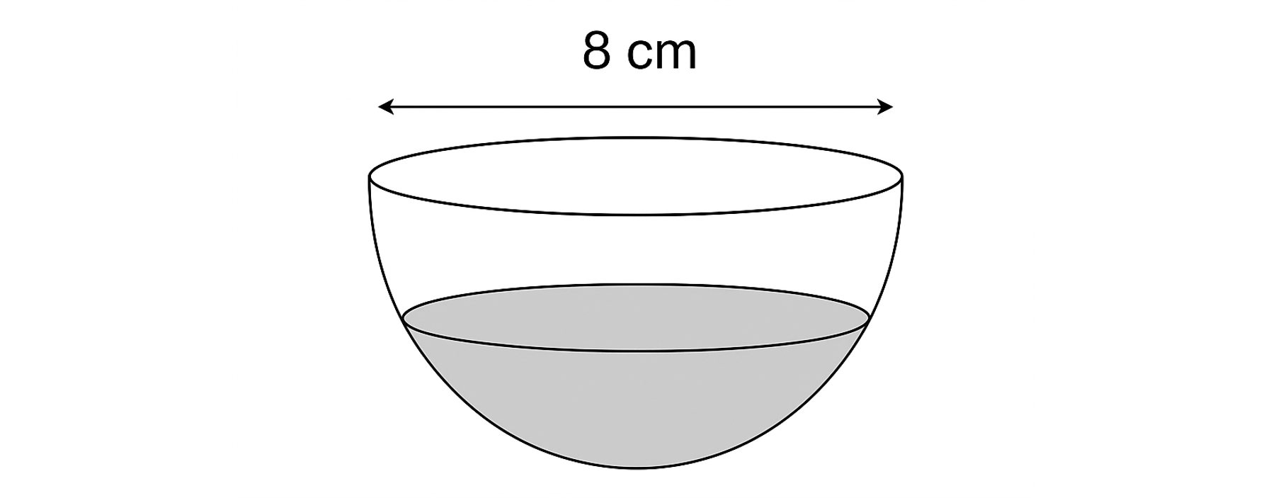 Diagram of a hemispherical bowl with an 8 cm diameter, partially filled with liquid. The liquid level is indicated in grey.