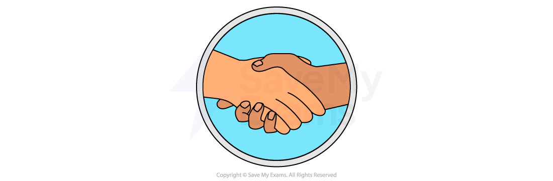 Two hands shaking in a circle against a blue background, symbolising agreement or partnership, with a white border around the circle.