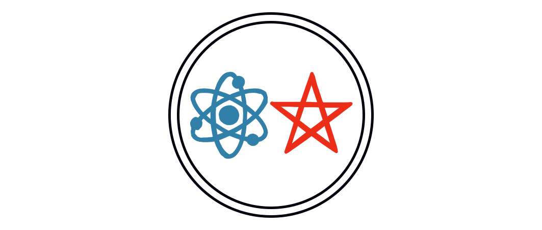 Blue atomic symbol and red star inside double black circle on white background.