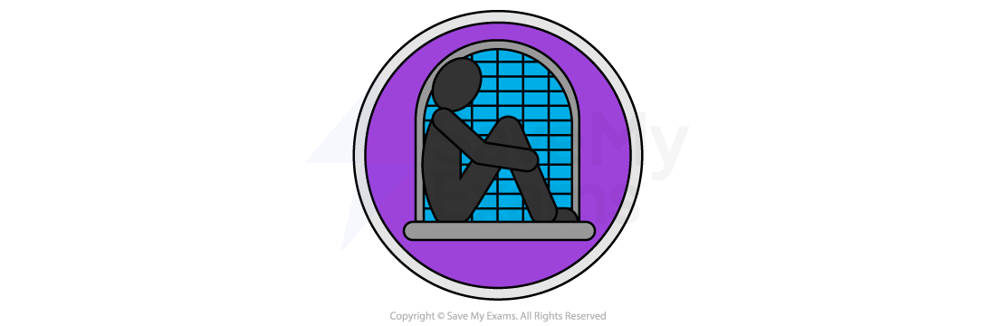 Silhouette of a person sitting with knees drawn up inside a purple circle with a barred window background, suggesting introspection or confinement.