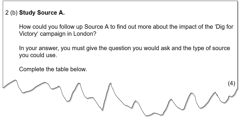 A four-mark exam question asking how to follow up on Source A to find out more about the "Dig for Victory" campaign in London. To answer the exam question, a question and type of source must be added to the table provided.