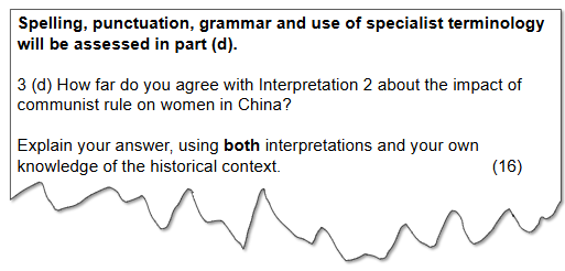 Exam question about the impact of communist rule on women in China, requiring analysis using two interpretations and historical context, worth 16 marks.