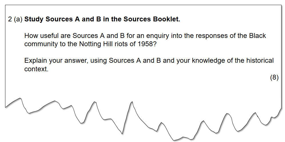 Exam question about "How useful are Sources A and B for an enquiry into the responses of the Black community to the Notting Hill riots of 1958?

Explain your answer, using Sources A and B and your knowledge of the historical context."
