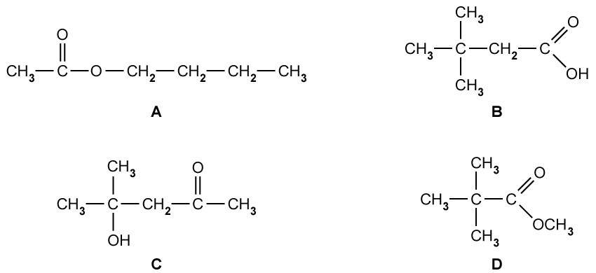 Four chemical structures labelled A, B, C, and D. A: ester, B: carboxylic acid, C: alcohol, D: ester with a methyl group.