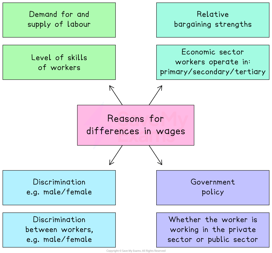 Diagram showing reasons for wage differences: labour supply and demand, skills, bargaining strengths, economic sector, discrimination, and government policy.