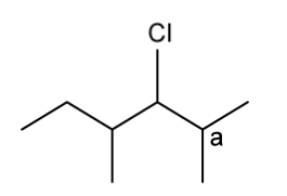 Skeletal structure of 3-chloro-2,4-dimethylhexane, carbon 2 labelled 'a'.