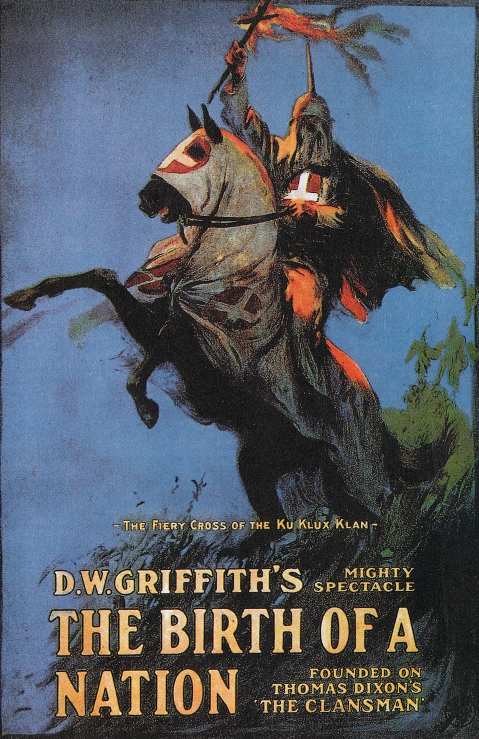 Illustrated poster of "The Birth of a Nation," showing a mounted figure in a white hooded outfit, holding a flag, against a blue background. Film title below.