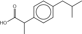 Chemical structure of ibuprofen, showing a carboxylic acid group, isobutyl group, and aromatic benzene ring linked in a linear configuration.