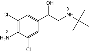 Chemical structure of clenbuterol with the nitrogen atoms labelled x and y.