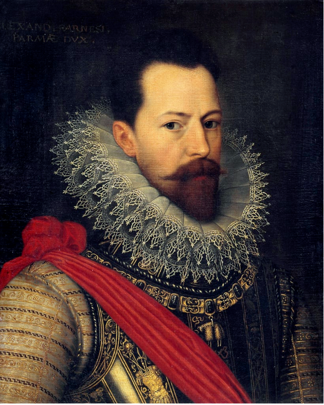 Portrait of a nobleman in ornate armour with a red sash and lace ruff collar, set against a dark background with faint text.