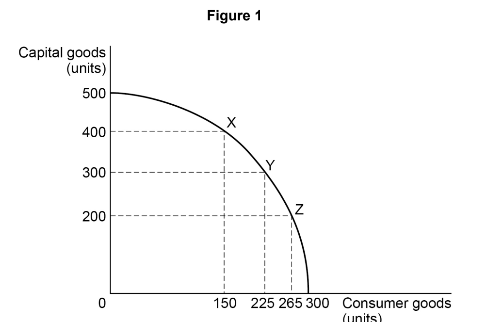 Graph showing a production possibility curve with capital goods on the Y-axis and consumer goods on the X-axis, with points X, Y, Z marked.