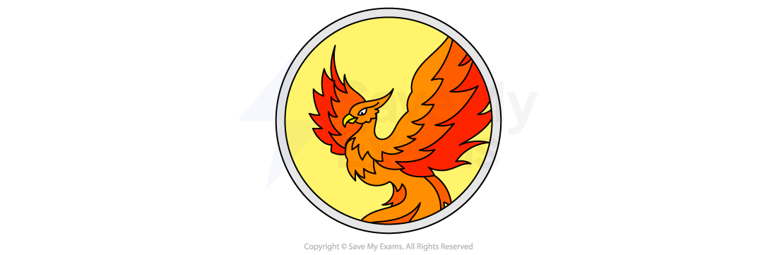 Circular emblem featuring a stylised orange and red phoenix with large wings against a yellow background, symbolising rebirth or power.