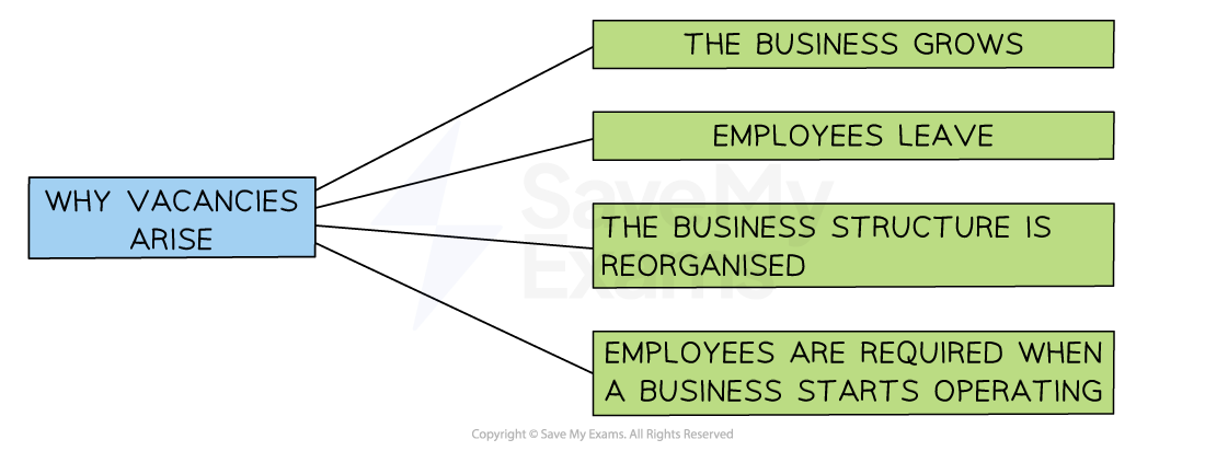 Flowchart depicting reasons for job vacancies: business growth, employee departure, reorganisation of structure, and new business operation.