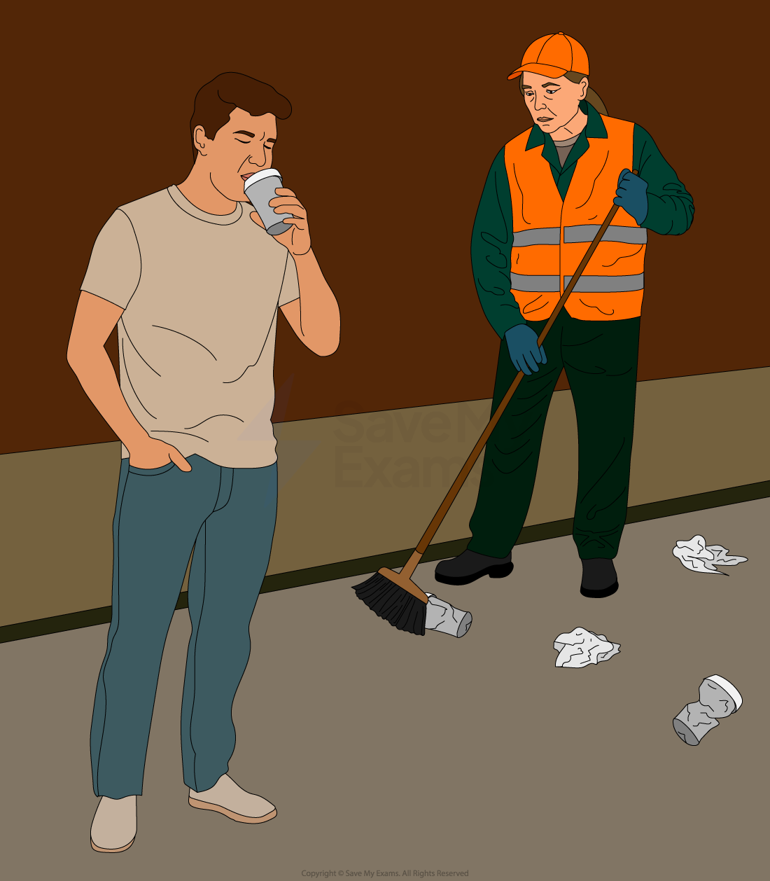 A man litters by dropping a cup while a uniformed street cleaner sweeps nearby, holding a broom amid scattered rubbish on the ground.