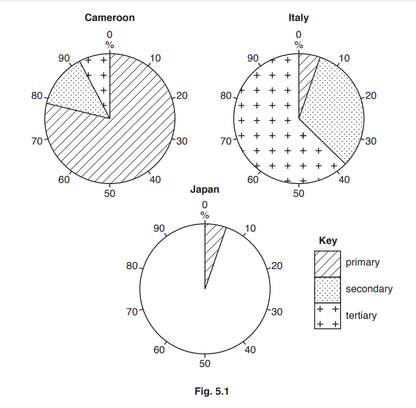 Three pie charts show employment sectors in Cameroon, Italy, and Japan. Key: striped for primary, dotted for secondary, crossed for tertiary.