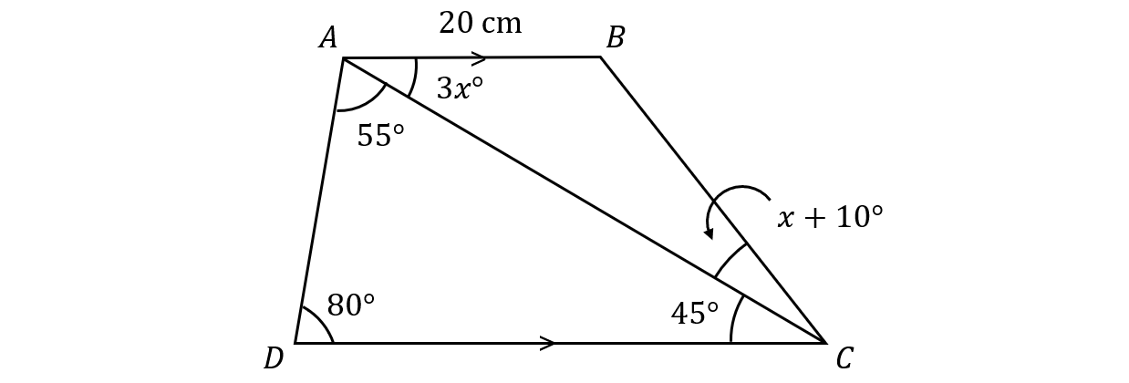 Quadrilateral ABCD with angles: D 80°, A 55° and 3x°. Line AB is 20 cm. Triangle BCA has angle C as x + 10°. 