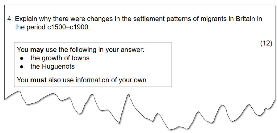 Exam question asking: Explain why there were changes in the settlement patterns of migrants in Britain in the period c1500–c1900. You may use the following in your answer: the growth of towns and the Huguenots. You must also use information of your own.