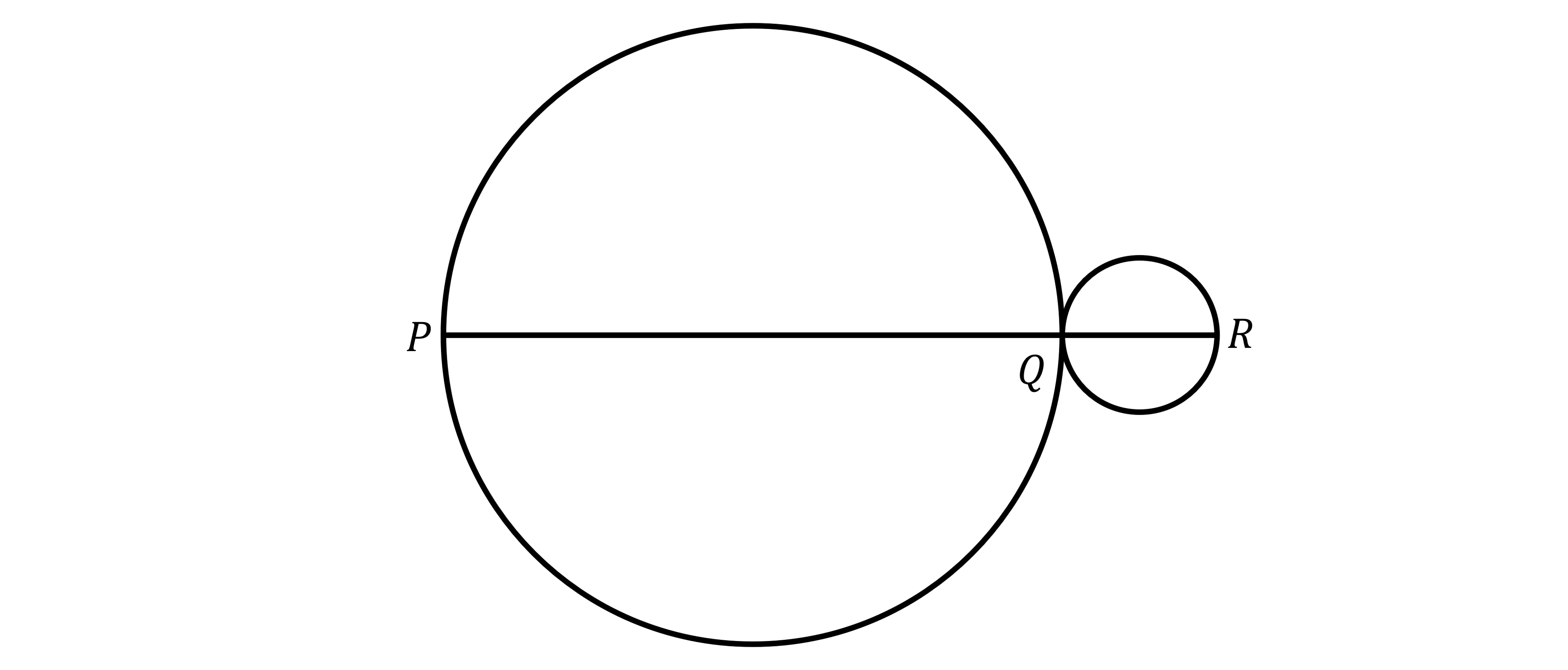 Two circles with line segment PQR making the diameter of both circles.