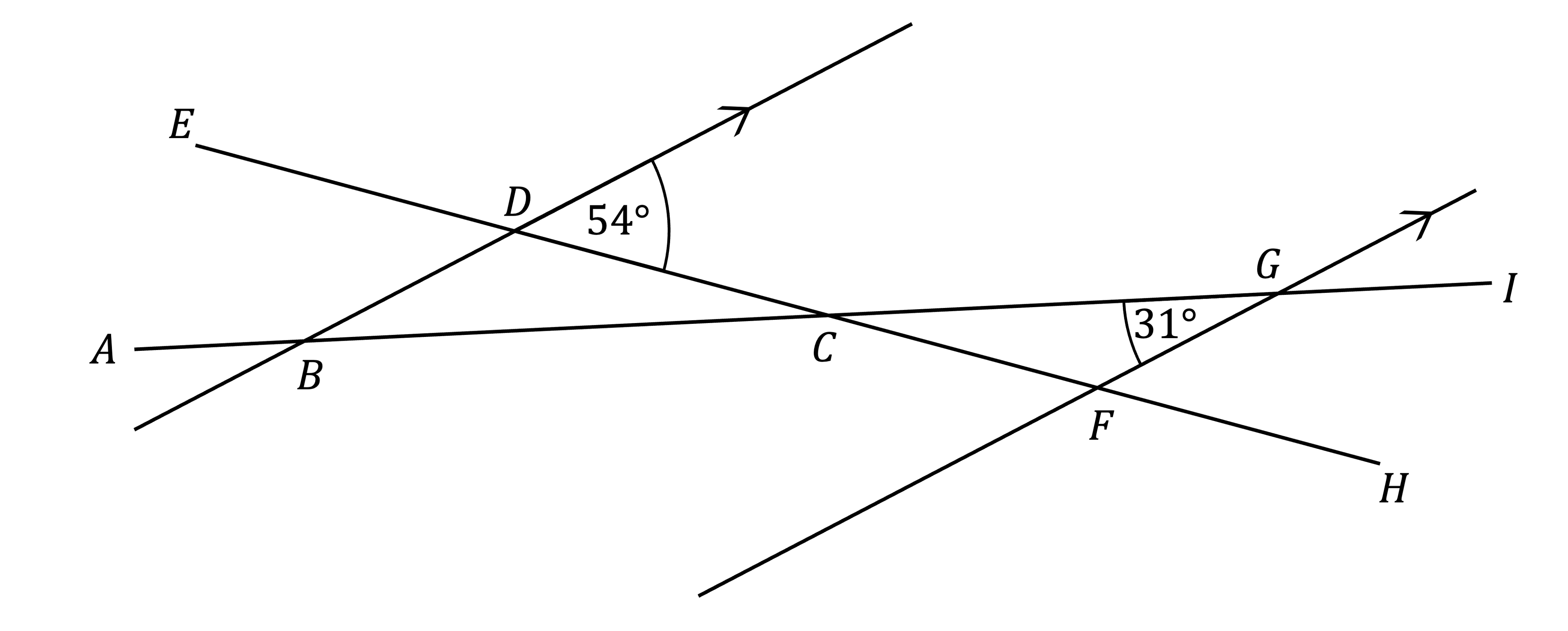 Intersecting lines with labelled points A to H. Angles are marked: angle D is 54 degrees, and angle F is 31 degrees.