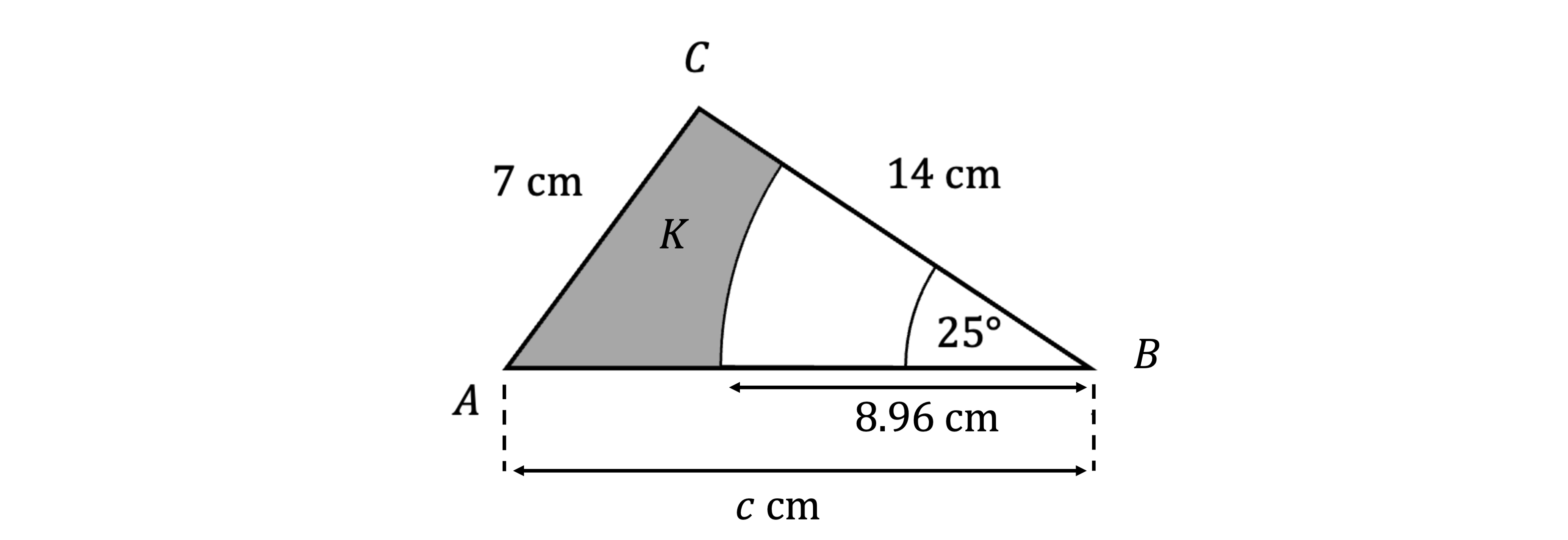 Triangle ABC with side AC as 7 cm, CB as 14 cm, angle B as 25 degrees. Shaded area K, with AB marked as c1 cm and extended as c2 cm.